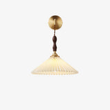 Mid Century Modern Pleated Wall Sconce Walnut Wood and Brass Lamp Set of Two
