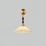 Mid Century Modern Pleated Wall Sconce Walnut Wood and Brass Lamp Set of Two