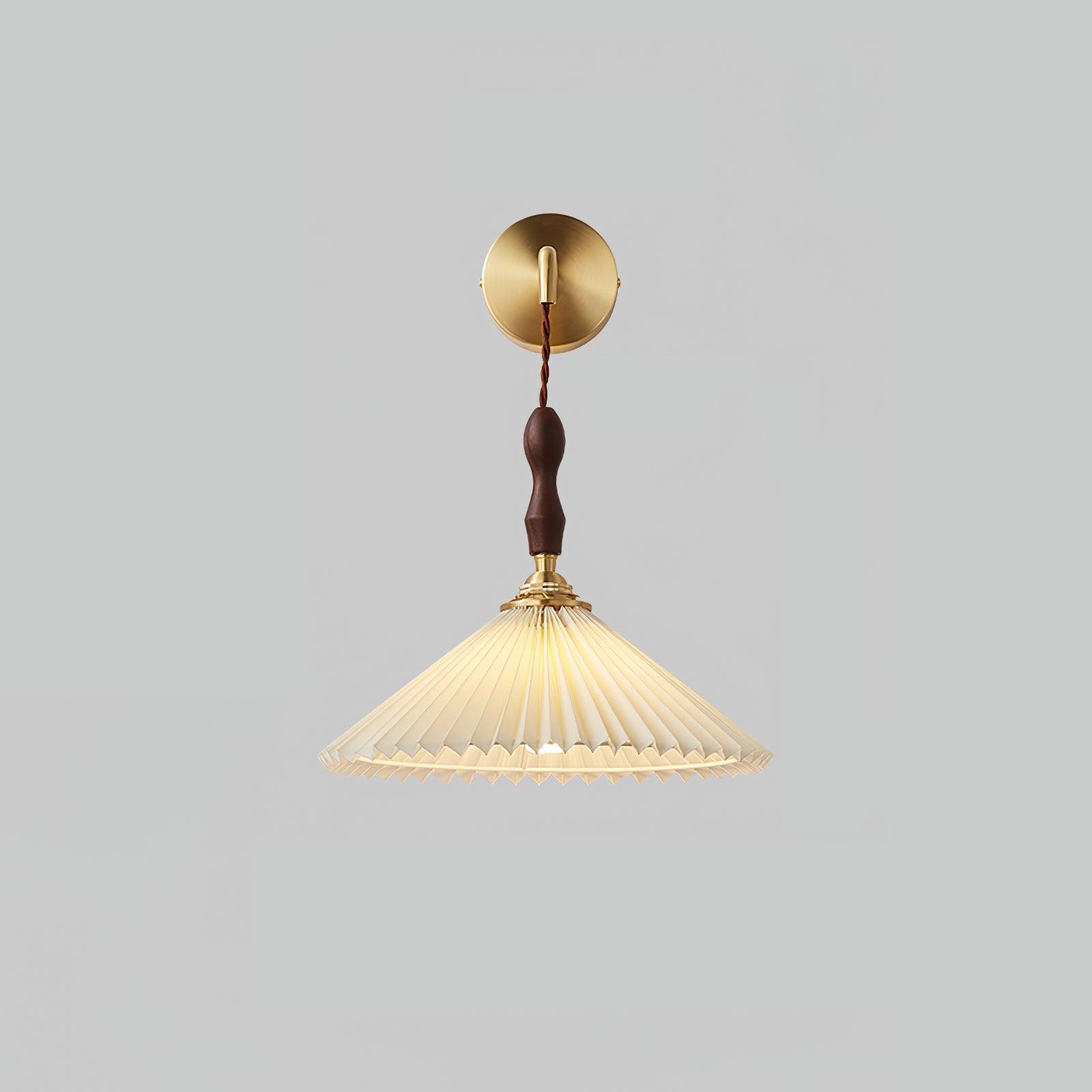 Mid Century Modern Pleated Wall Sconce Walnut Wood and Brass Lamp Set of Two