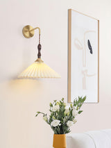 Mid Century Modern Pleated Wall Sconce Walnut Wood and Brass Lamp Set of Two