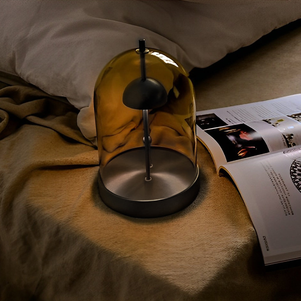 Mid Century Modern Rechargeable Smoked Glass Dome Table Lamp for Bedside Ambient Lighting