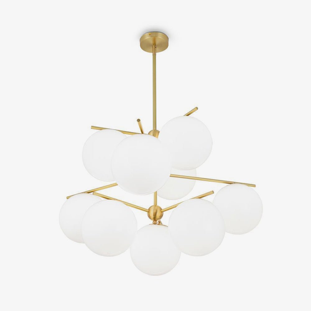 Mid Century Modern Sphere and Stem Chandelier with White Glass Globes and Brass Finish
