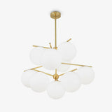 Mid Century Modern Sphere and Stem Chandelier with White Glass Globes and Brass Finish