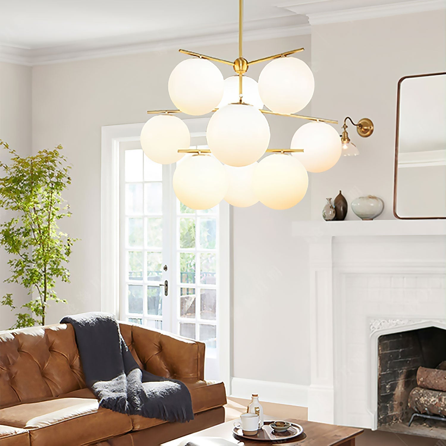 Mid Century Modern Sphere and Stem Chandelier with White Glass Globes and Brass Finish