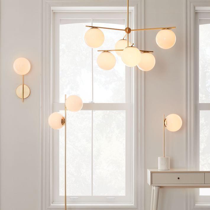 Mid Century Modern Sphere and Stem Chandelier with White Glass Globes and Brass Finish