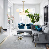 Mid Century Modern Sphere and Stem Chandelier with White Glass Globes and Brass Finish