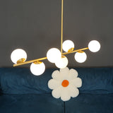Mid Century Modern Sphere and Stem Chandelier with White Glass Globes and Brass Finish