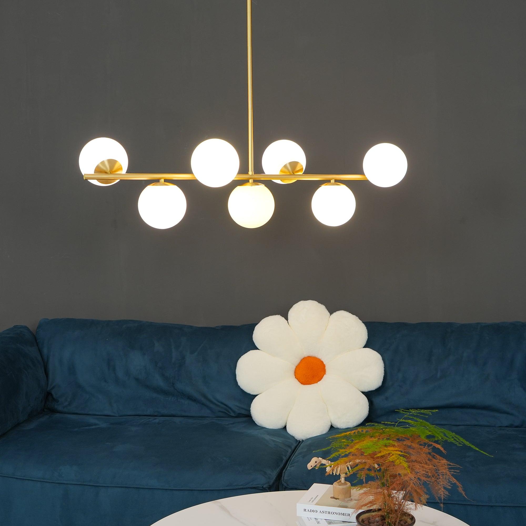 Mid Century Modern Sphere and Stem Chandelier with White Glass Globes and Brass Finish