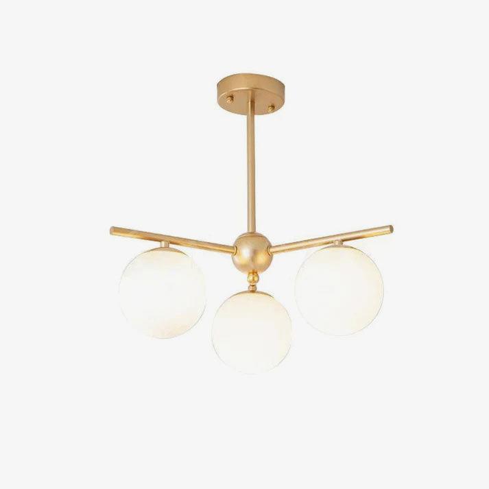 Mid Century Modern Sphere and Stem Chandelier with White Glass Globes and Brass Finish