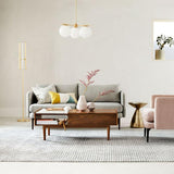 Mid Century Modern Sphere and Stem Chandelier with White Glass Globes and Brass Finish