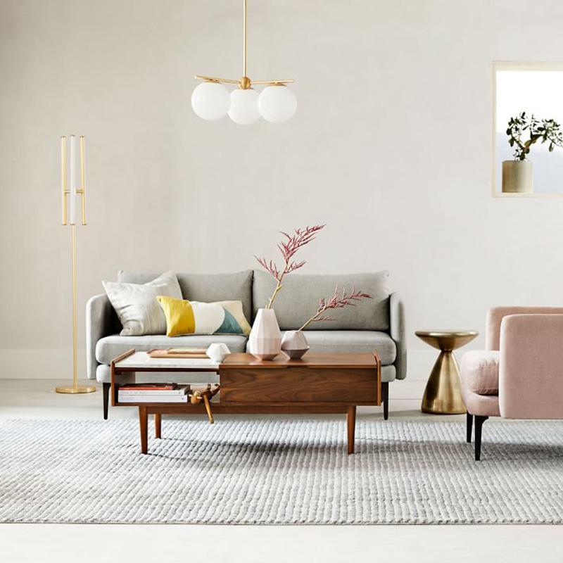 Mid Century Modern Sphere and Stem Chandelier with White Glass Globes and Brass Finish