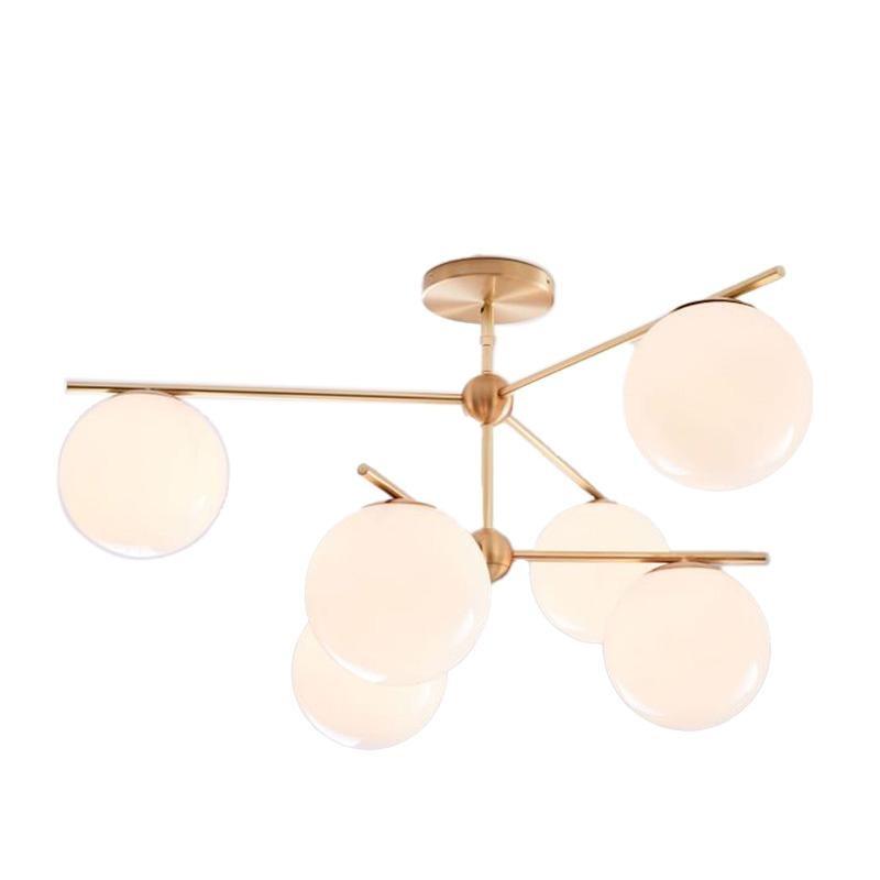 Mid Century Modern Sphere and Stem Chandelier with White Glass Globes and Brass Finish