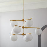 Mid Century Modern Sphere and Stem Chandelier with White Glass Globes and Brass Finish