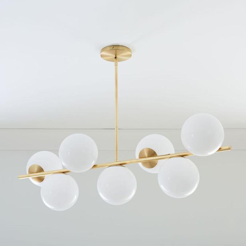 Mid Century Modern Sphere and Stem Chandelier with White Glass Globes and Brass Finish