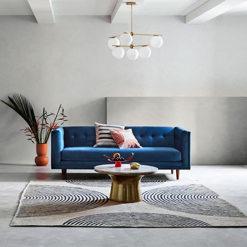 Mid Century Modern Sphere and Stem Chandelier with White Glass Globes and Brass Finish