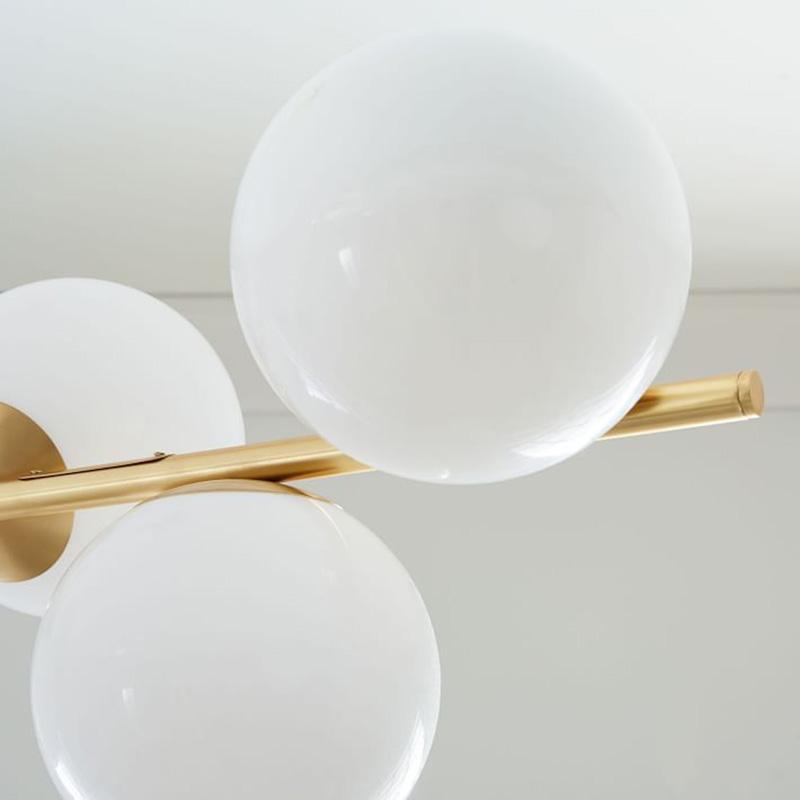Mid Century Modern Sphere and Stem Chandelier with White Glass Globes and Brass Finish