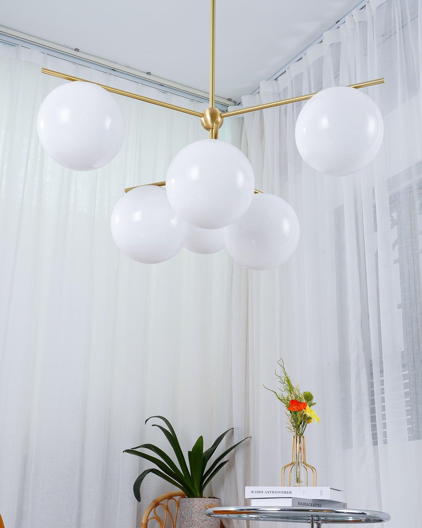 Mid Century Modern Sphere and Stem Chandelier with White Glass Globes and Brass Finish