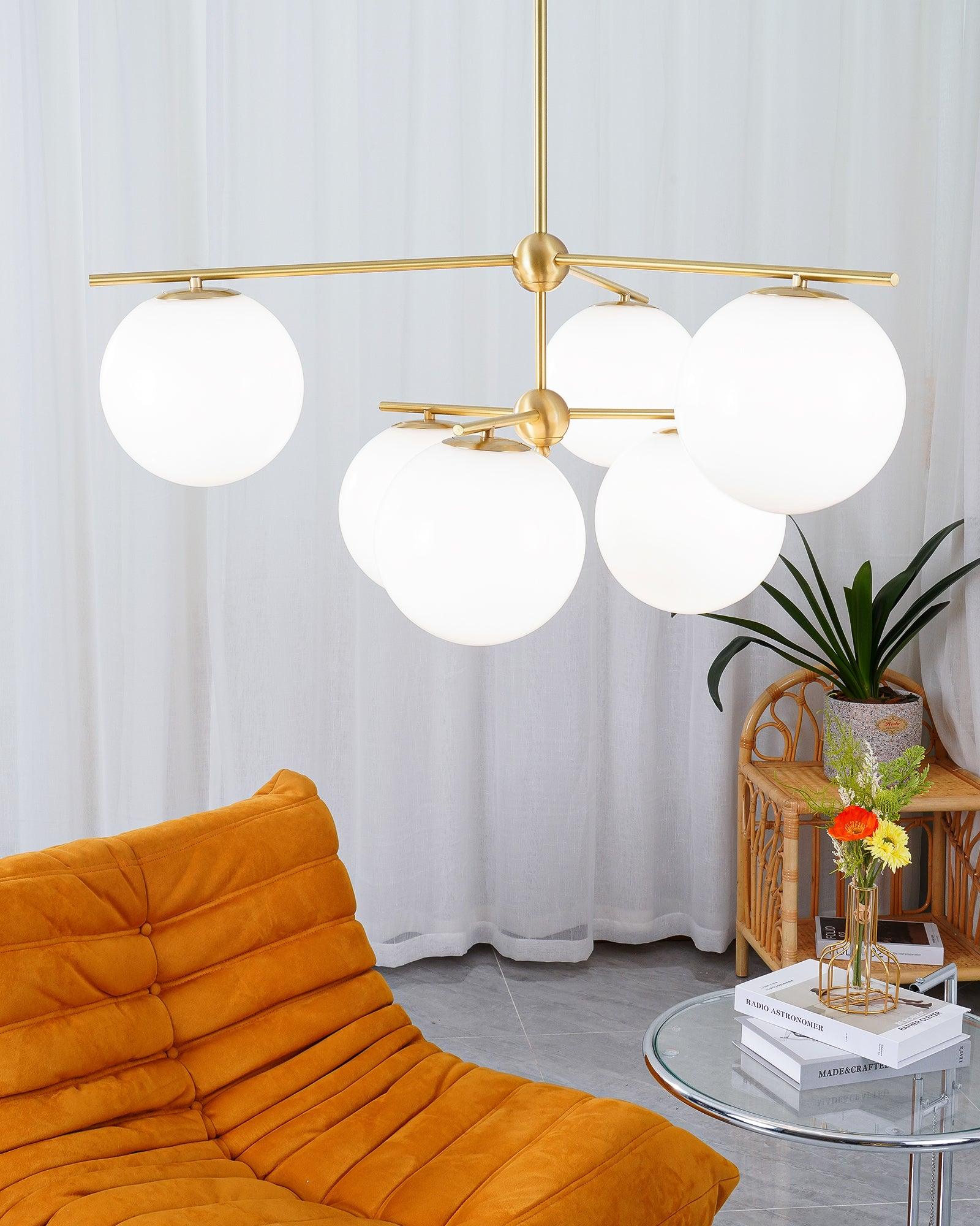 Mid Century Modern Sphere and Stem Chandelier with White Glass Globes and Brass Finish