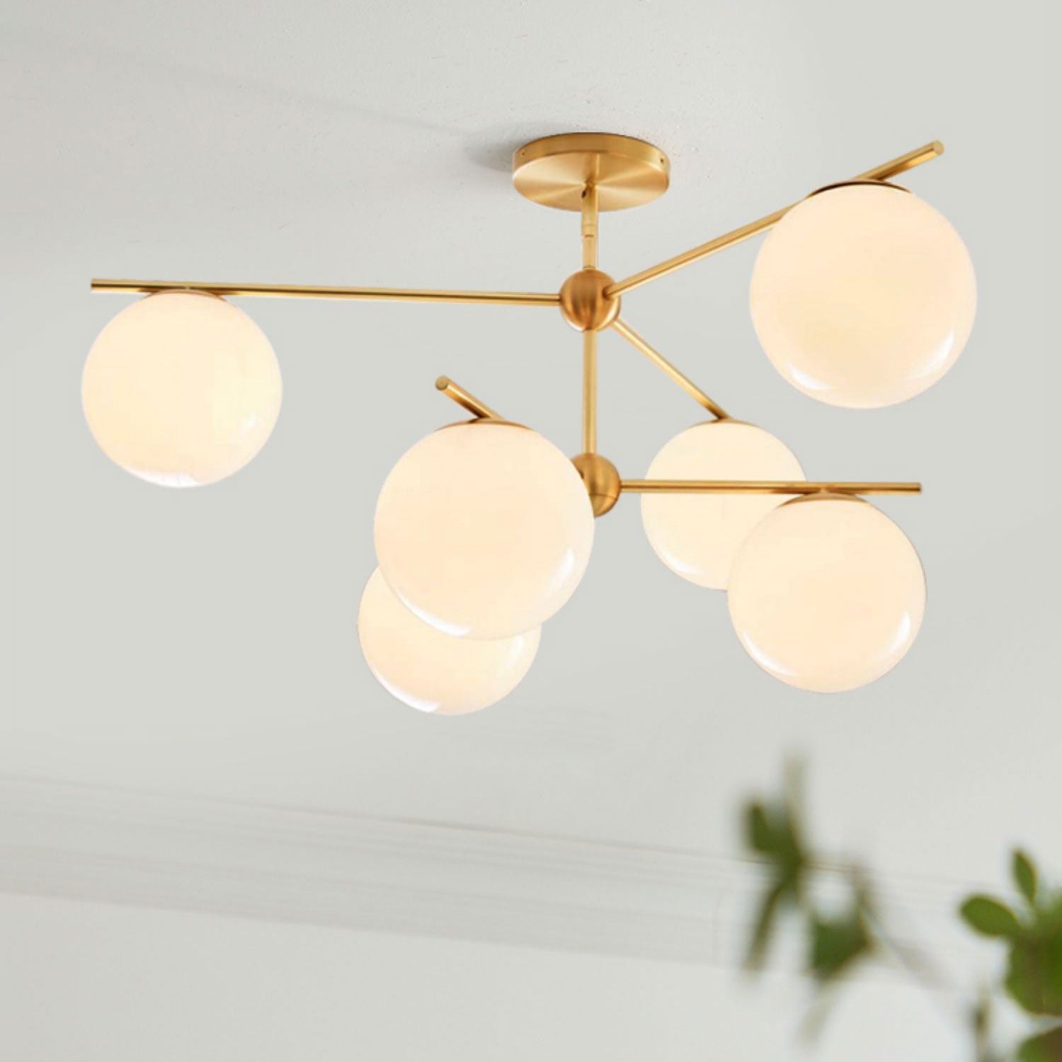 Mid Century Modern Sphere and Stem Chandelier with White Glass Globes and Brass Finish
