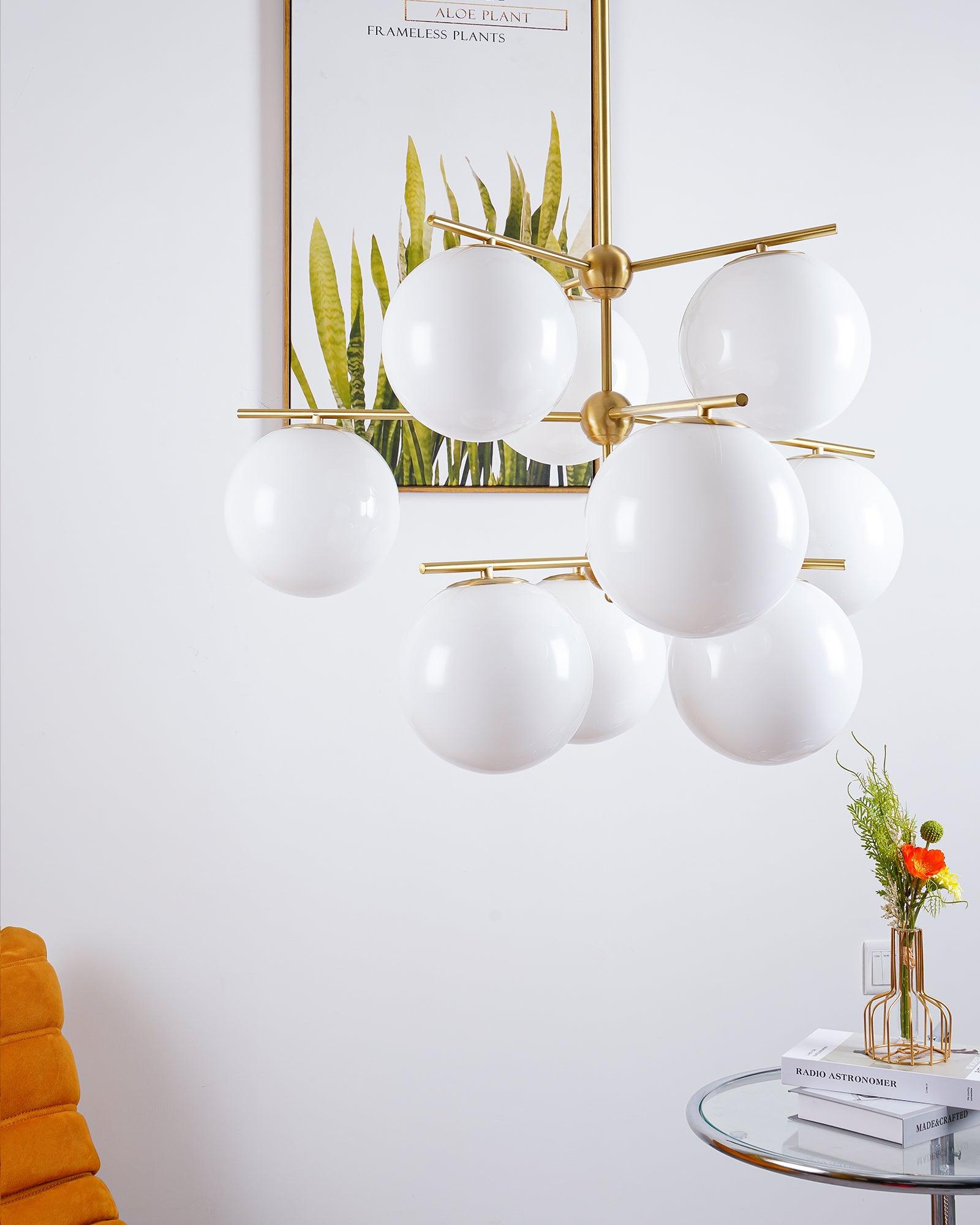 Mid Century Modern Sphere and Stem Chandelier with White Glass Globes and Brass Finish