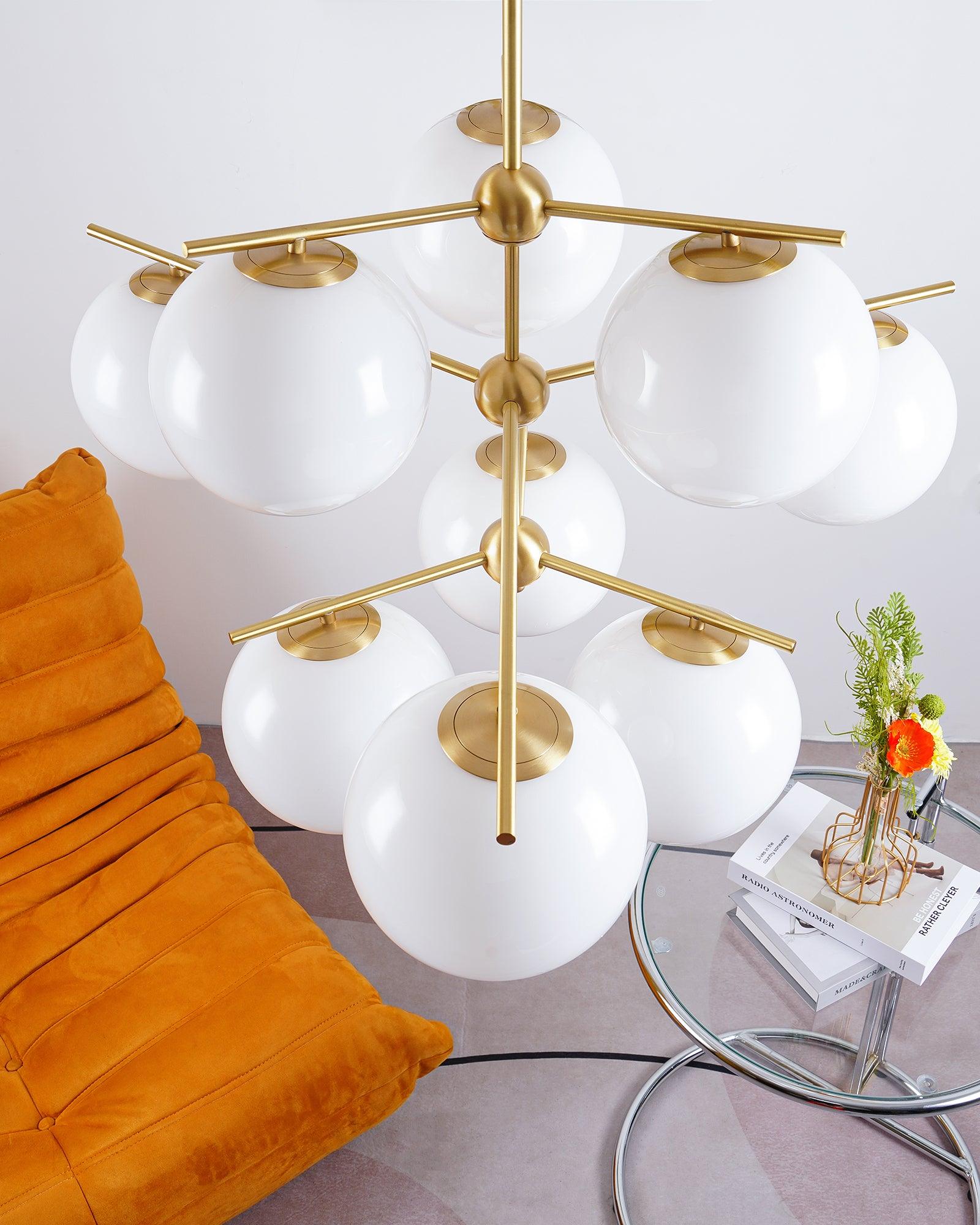 Mid Century Modern Sphere and Stem Chandelier with White Glass Globes and Brass Finish