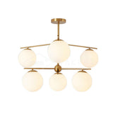 Mid Century Modern Sphere and Stem Chandelier with White Glass Globes and Brass Finish
