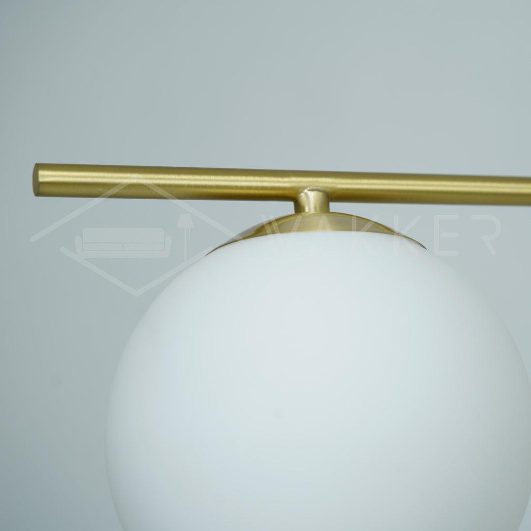 Mid Century Modern Sphere and Stem Chandelier with White Glass Globes and Brass Finish