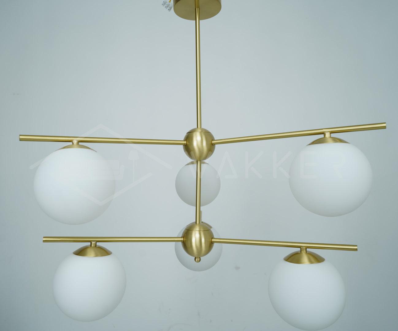 Mid Century Modern Sphere and Stem Chandelier with White Glass Globes and Brass Finish