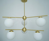 Mid Century Modern Sphere and Stem Chandelier with White Glass Globes and Brass Finish