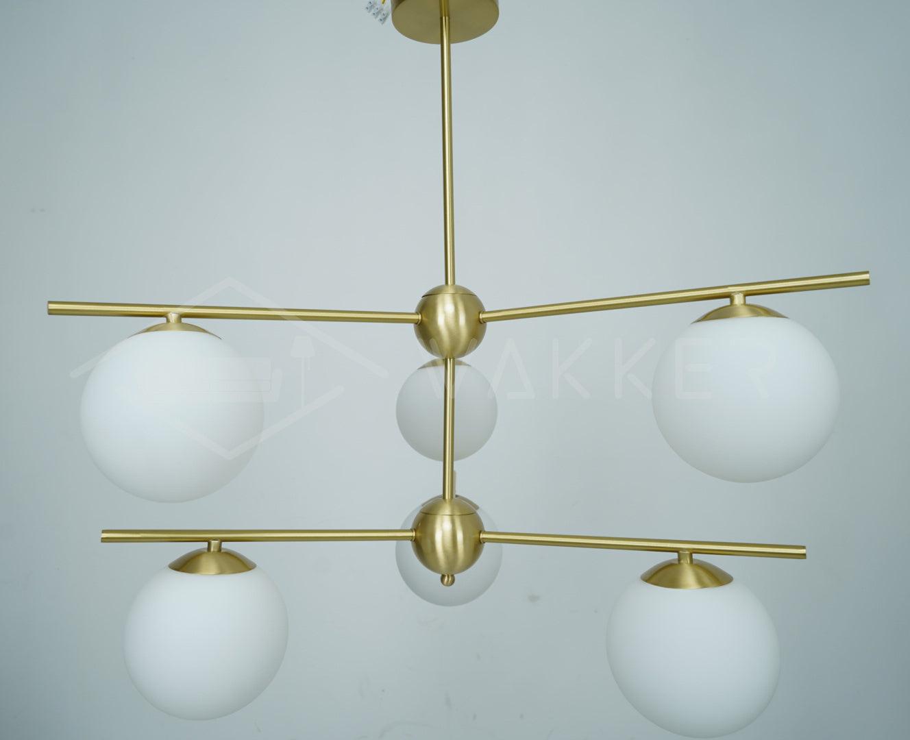Mid Century Modern Sphere and Stem Chandelier with White Glass Globes and Brass Finish