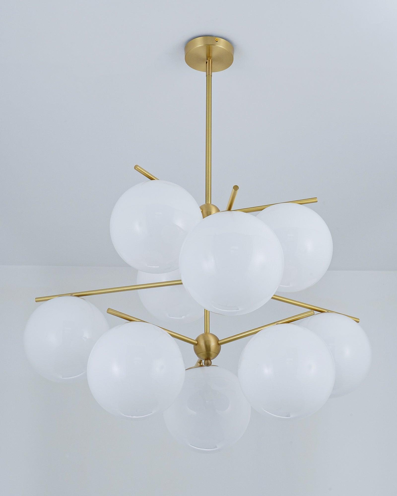 Mid Century Modern Sphere and Stem Chandelier with White Glass Globes and Brass Finish