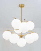 Mid Century Modern Sphere and Stem Chandelier with White Glass Globes and Brass Finish