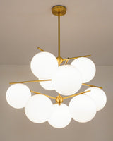 Mid Century Modern Sphere and Stem Chandelier with White Glass Globes and Brass Finish