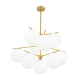 Mid Century Modern Sphere and Stem Chandelier with White Glass Globes and Brass Finish