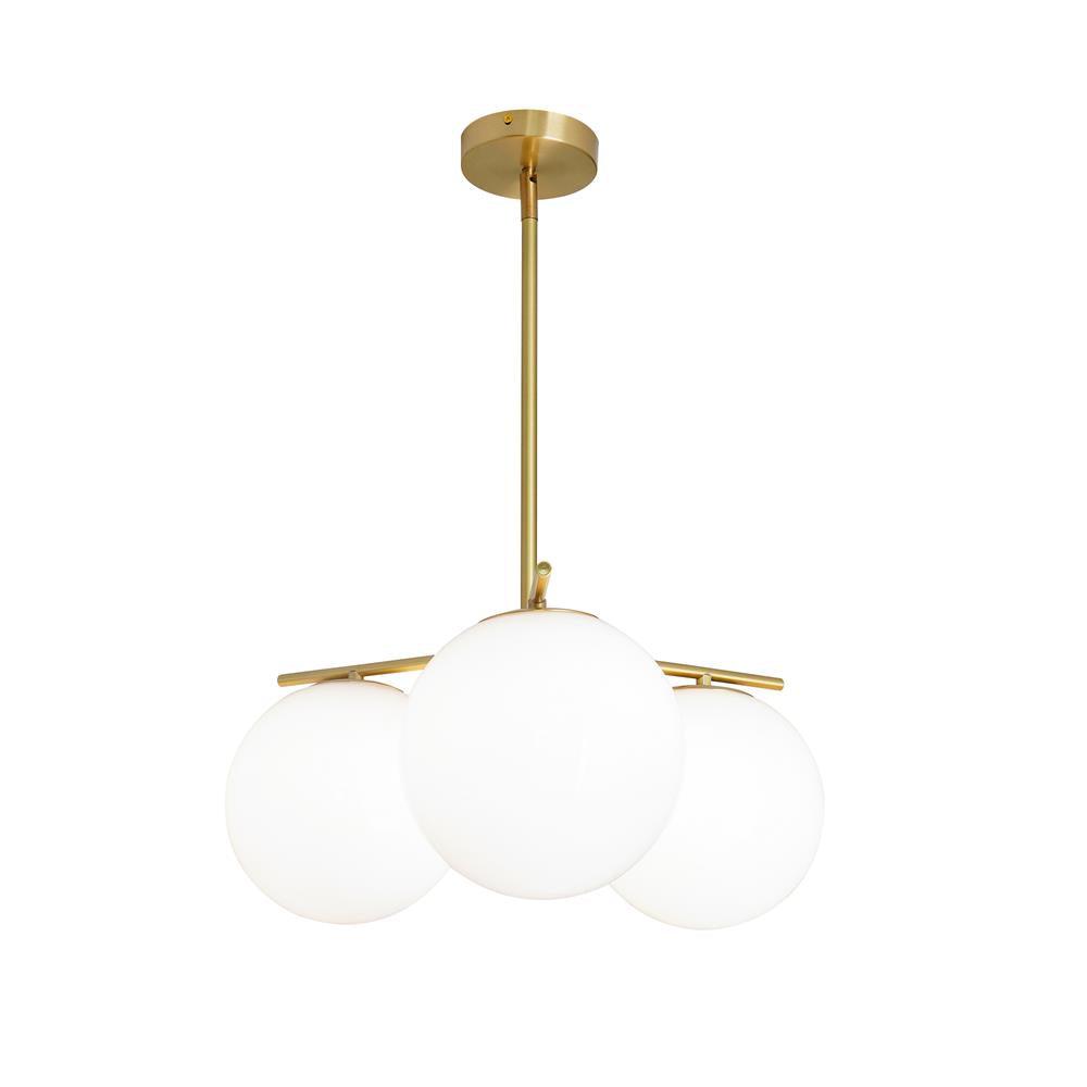 Mid Century Modern Sphere and Stem Chandelier with White Glass Globes and Brass Finish