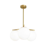 Mid Century Modern Sphere and Stem Chandelier with White Glass Globes and Brass Finish