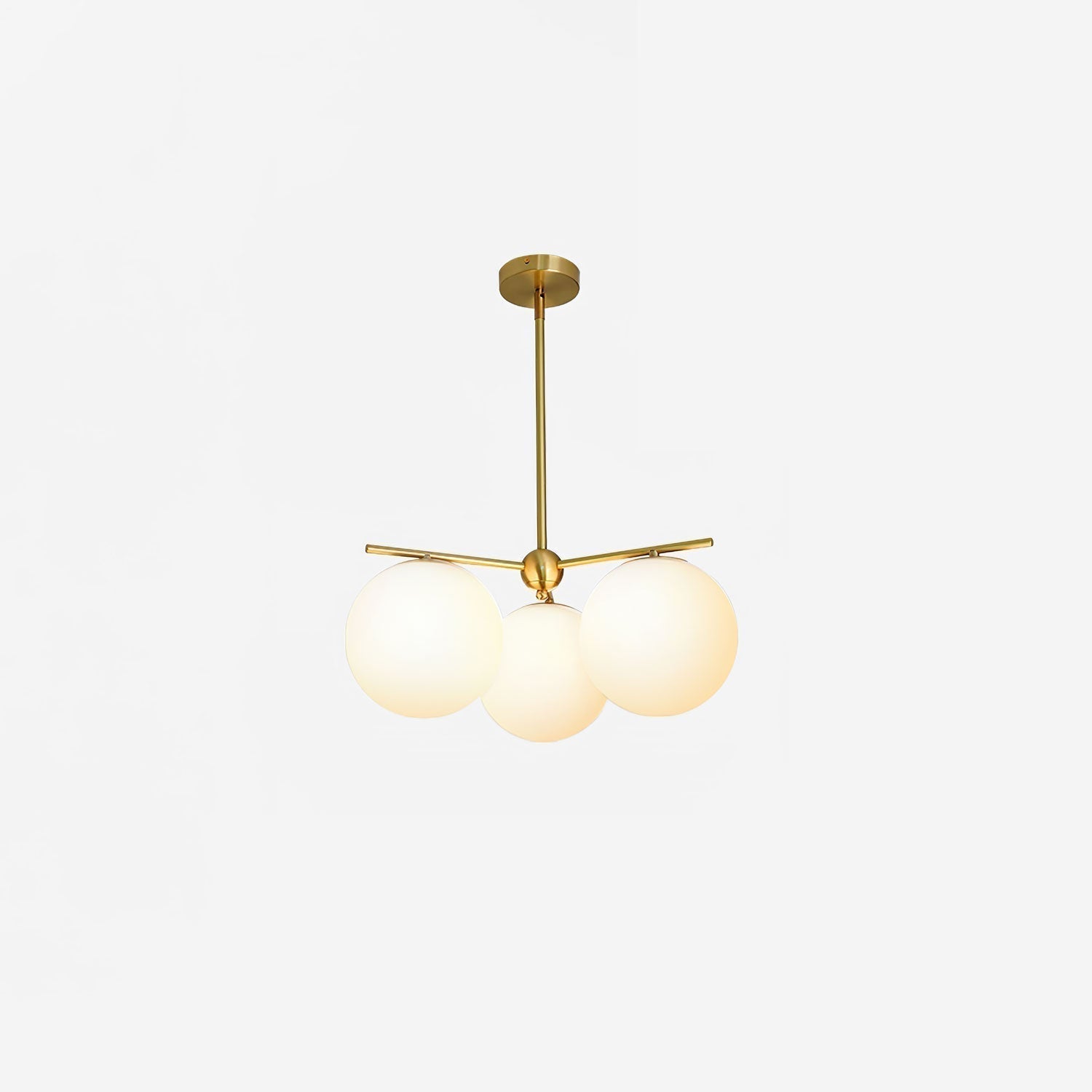 Mid Century Modern Sphere and Stem Chandelier with White Glass Globes and Brass Finish