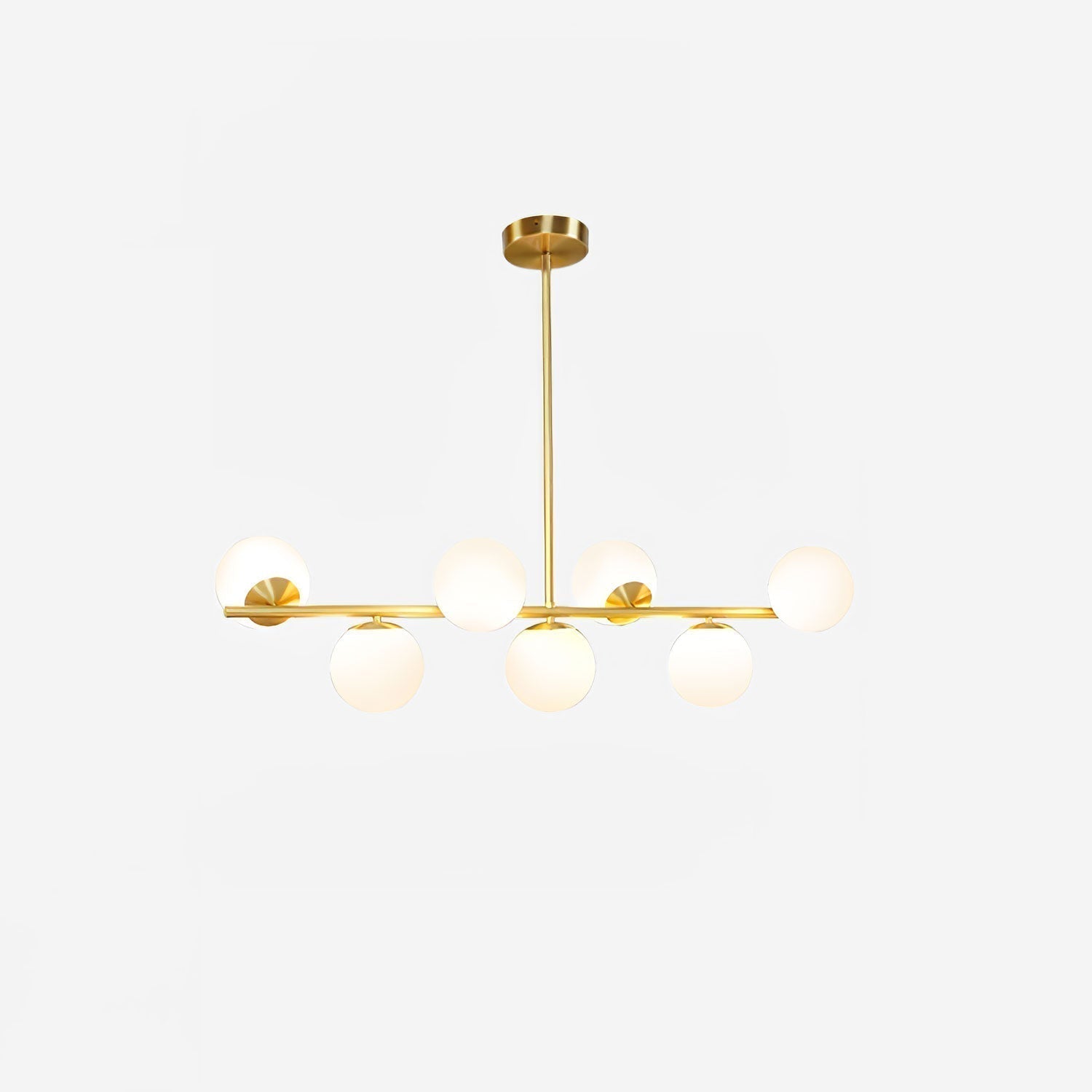 Mid Century Modern Sphere and Stem Chandelier with White Glass Globes and Brass Finish
