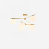 Mid Century Modern Sphere and Stem Chandelier with White Glass Globes and Brass Finish