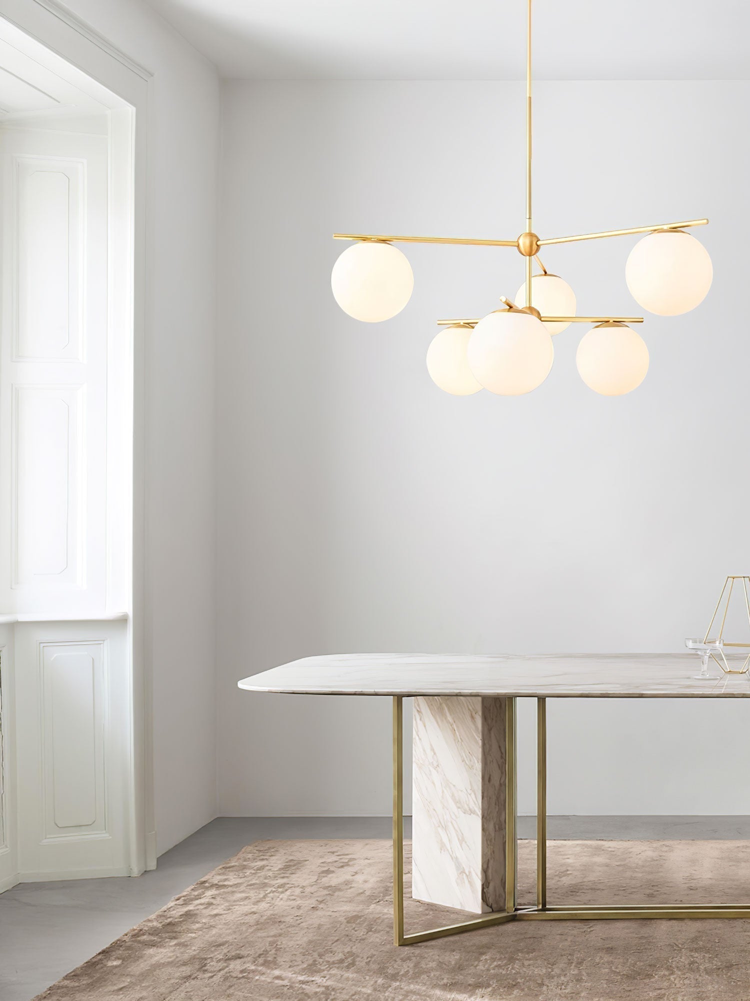 Mid Century Modern Sphere and Stem Chandelier with White Glass Globes and Brass Finish