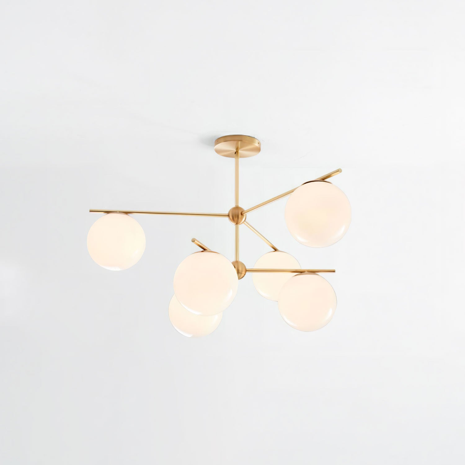 Mid Century Modern Sphere and Stem Chandelier with White Glass Globes and Brass Finish