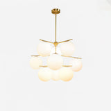 Mid Century Modern Sphere and Stem Chandelier with White Glass Globes and Brass Finish