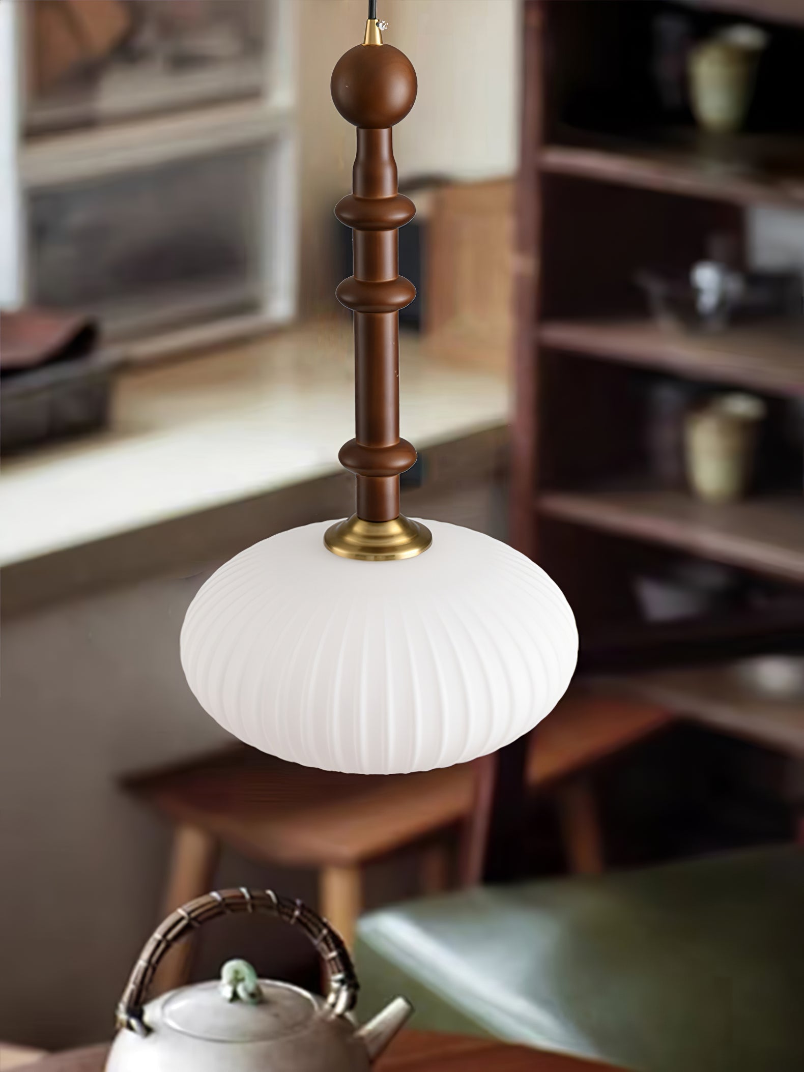 Mid Century Modern Wood Hanging Light Edison Pendant with White Ribbed Glass
