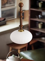 Mid Century Modern Wood Hanging Light Edison Pendant with White Ribbed Glass