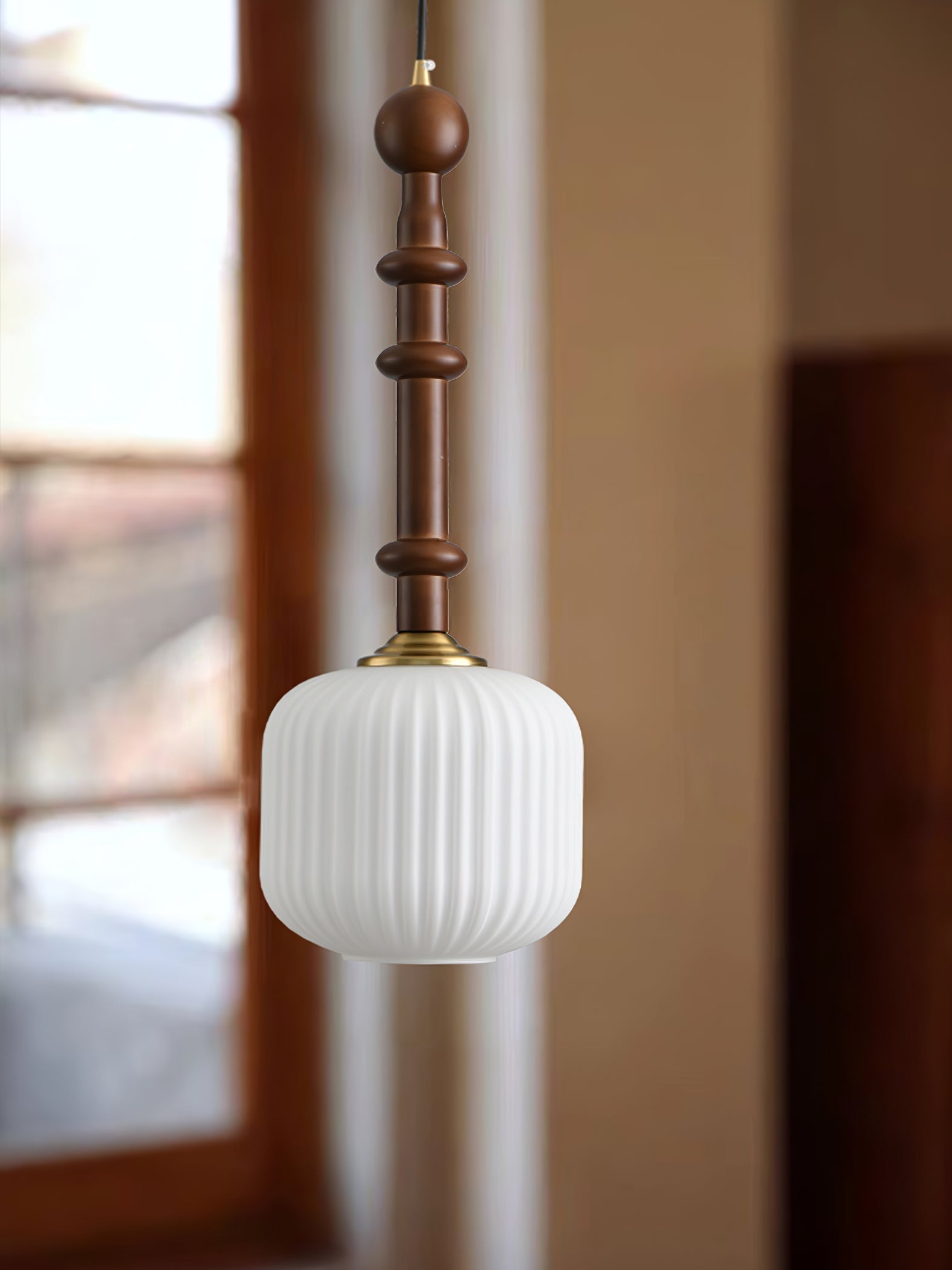 Mid Century Modern Wood Hanging Light Edison Pendant with White Ribbed Glass