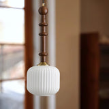 Mid Century Modern Wood Hanging Light Edison Pendant with White Ribbed Glass
