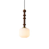 Mid Century Modern Wood Hanging Light Edison Pendant with White Ribbed Glass