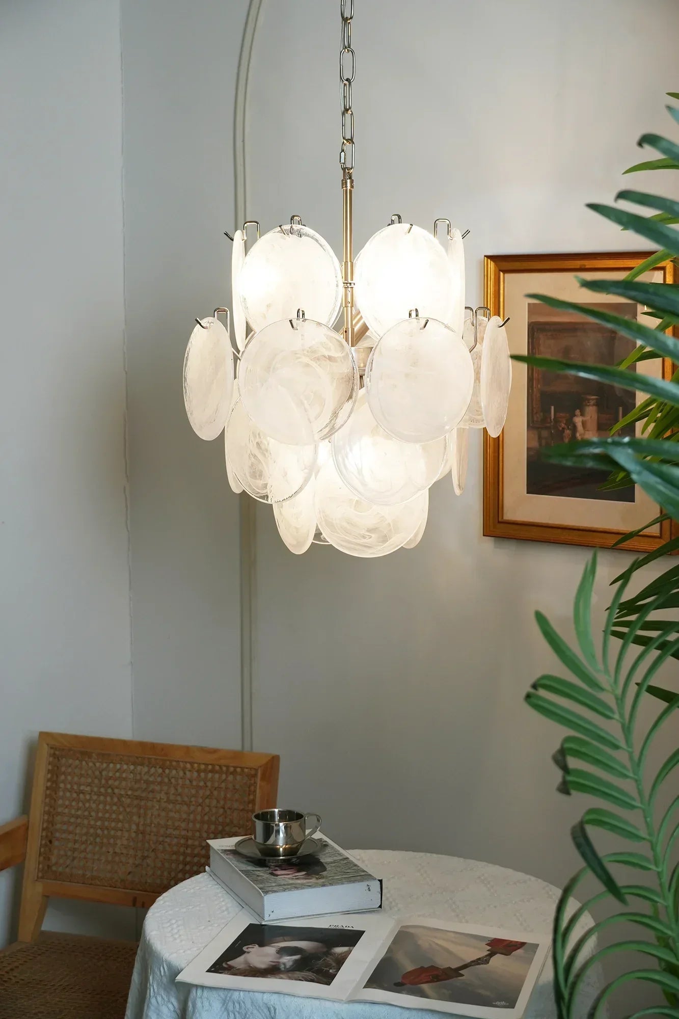 mid-century-murano-style-white-glass-disk-chandelier-with-polished-metal-finish