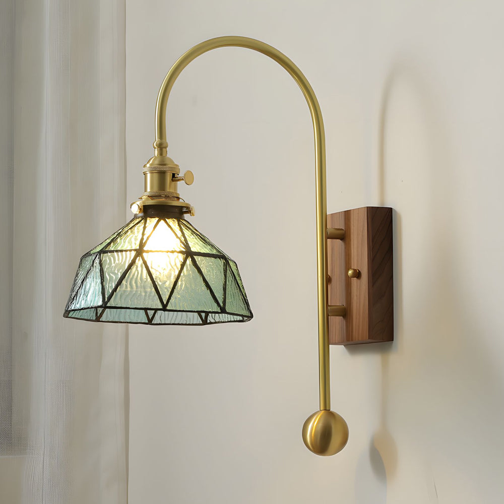 Mid Century Vintage Brass Wall Sconce with Water Ripple Glass Shade and Walnut Wood Base