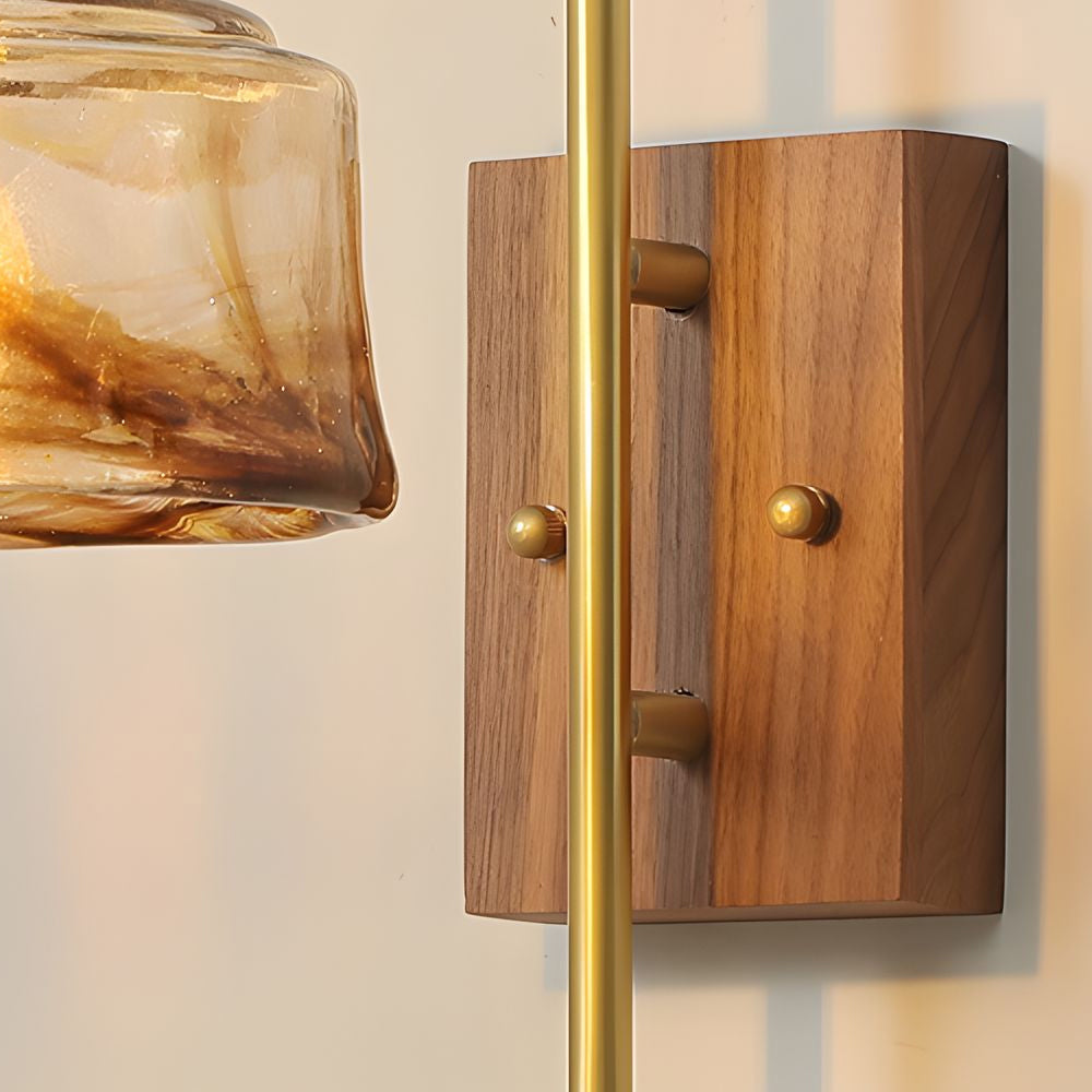 Mid Century Vintage Brass Wall Sconce with Water Ripple Glass Shade and Walnut Wood Base
